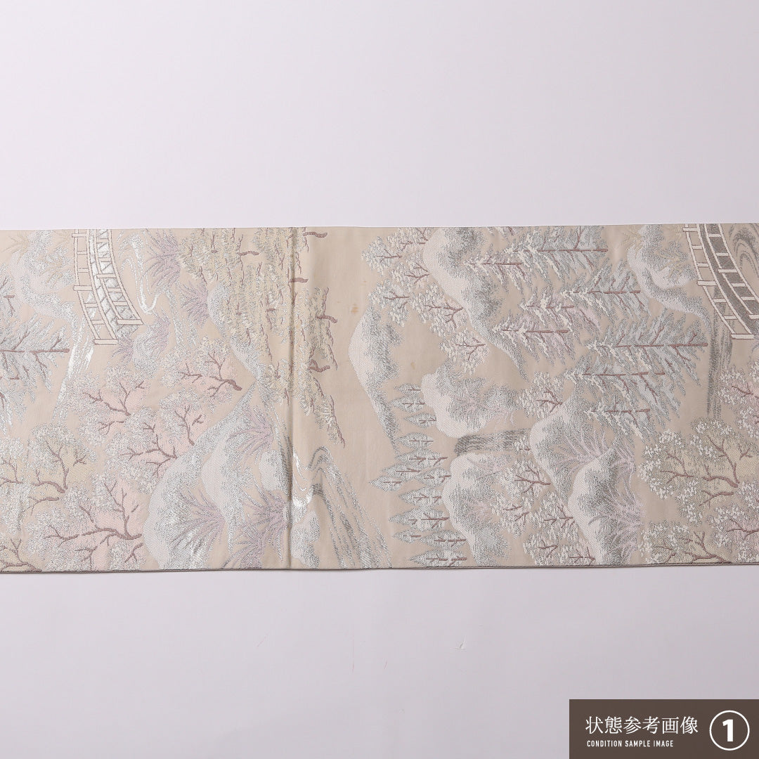 袋帯 帯丈428cm 正絹 六通 セミフォーマル 山水 橋 クリーム系 銀系 1243-01569