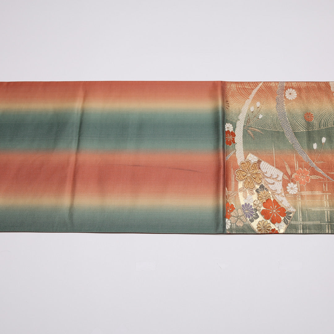 振袖用 袋帯 帯丈422cm 正絹 六通 唐織 花扇 蝶 赤系 緑系 1243-01039