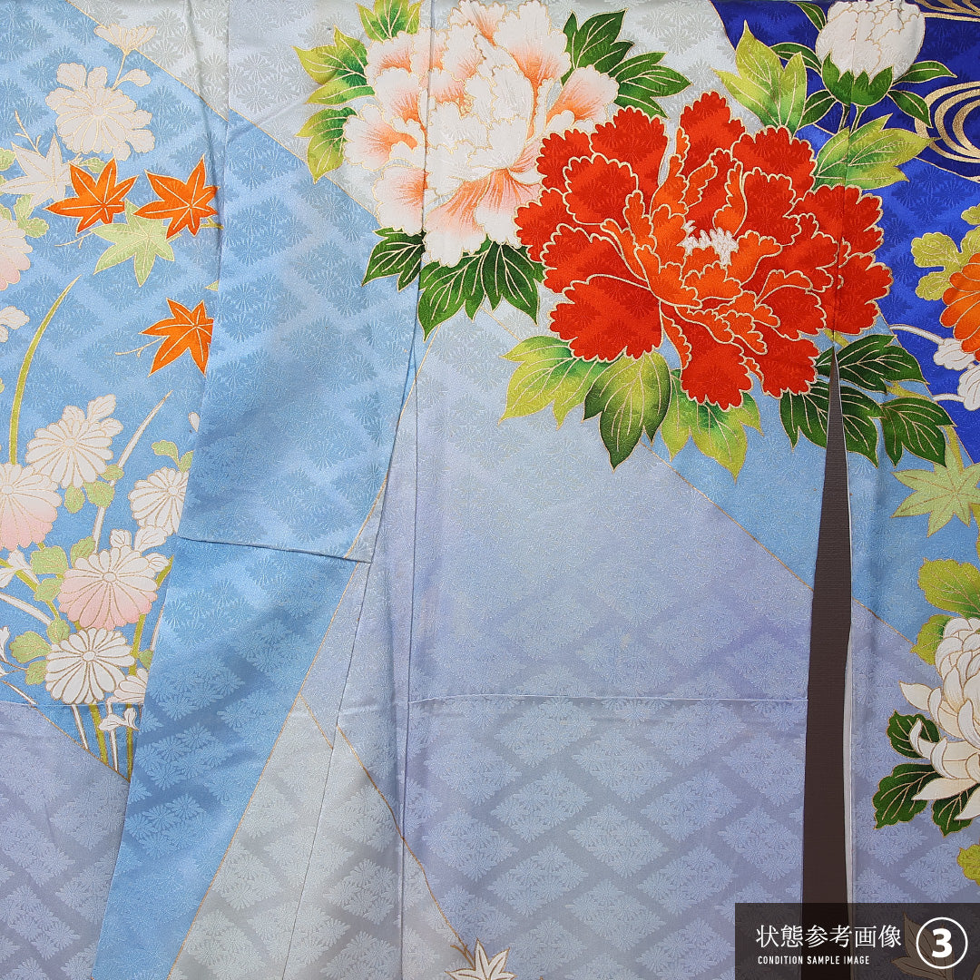 振袖 身丈164cm 裄丈66.5cm Bランク 袷 正絹 M 広衿 観世水 吉祥文様 古典柄 菊 紅葉 楓 牡丹 花柄 青系 1213-F0448