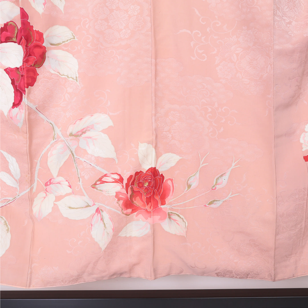 アンティーク 訪問着 袷 身丈148cm 裄丈66cm 正絹 Cランク 一つ紋 バチ衿 XSサイズ 金彩 薔薇 ピンク系 PO 1217-04493