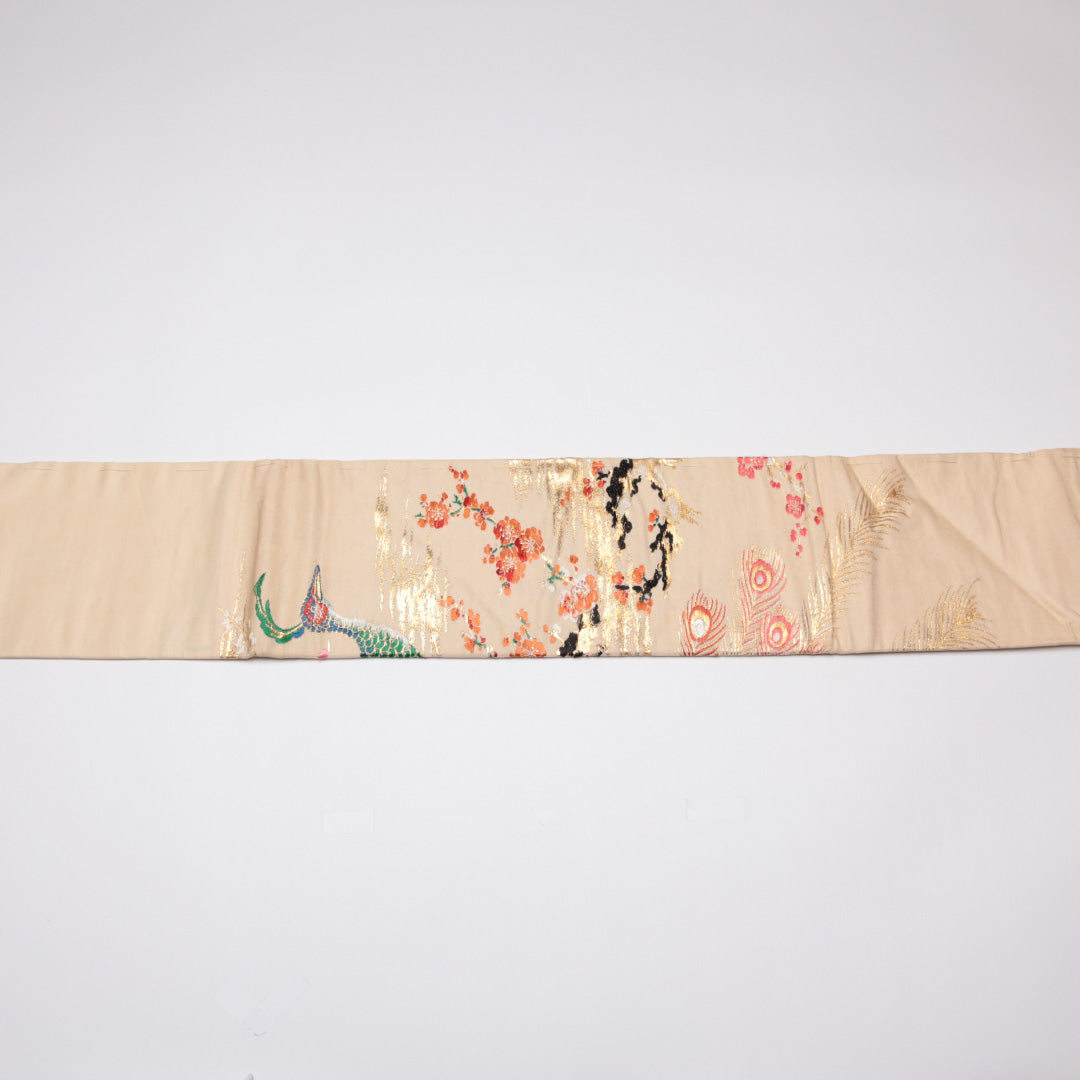アンティーク 名古屋帯 帯丈323cm Cランク 名古屋仕立て 六通 正絹 孔雀 桜 梅 金糸 セミフォーマル クリーム系 1224-01515