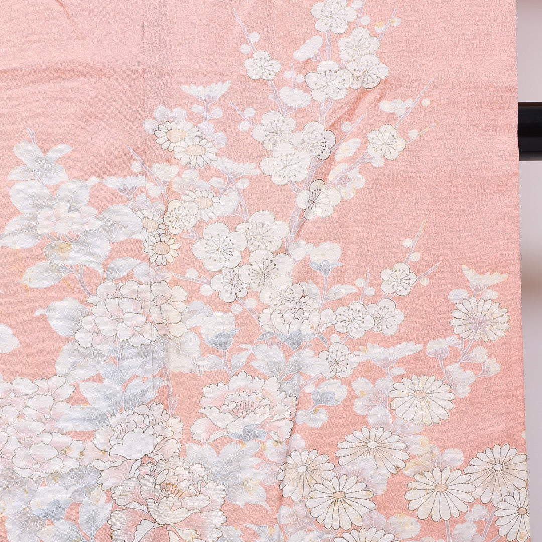 訪問着 袷 身丈153cm 裄丈64cm 正絹 Cランク セミフォーマル 広衿 Sサイズ 花柄 ピンク系 HP 1217-04650