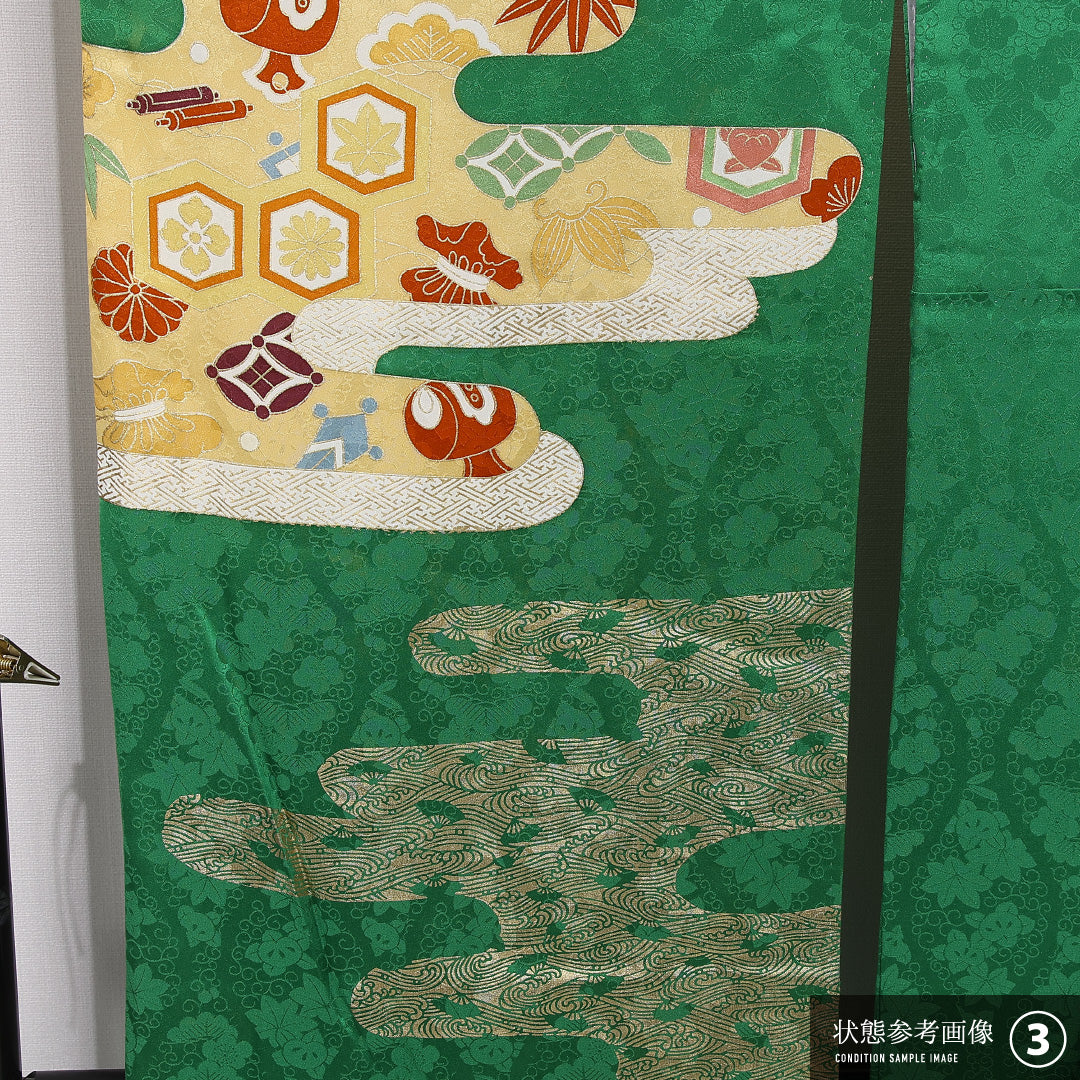 振袖 身丈170cm 裄丈67.5cm Aランク 正絹 袷 広衿 2XL エ霞 宝尽くし フォーマル 古典的 華やか 緑系 1213-F0492