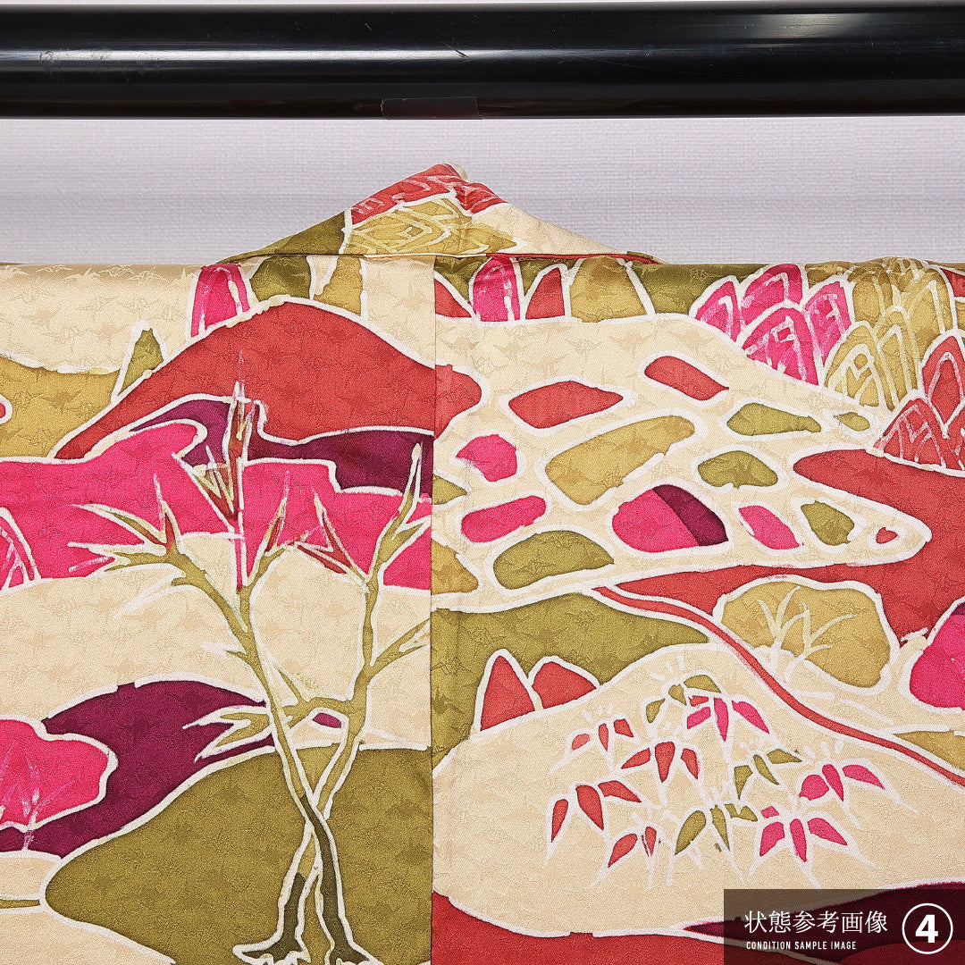 小紋 袷 身丈156cm 裄丈62cm 正絹 Bランク インフォーマル 広衿 Mサイズ 風景柄 ベージュ系 HP 1221-11063