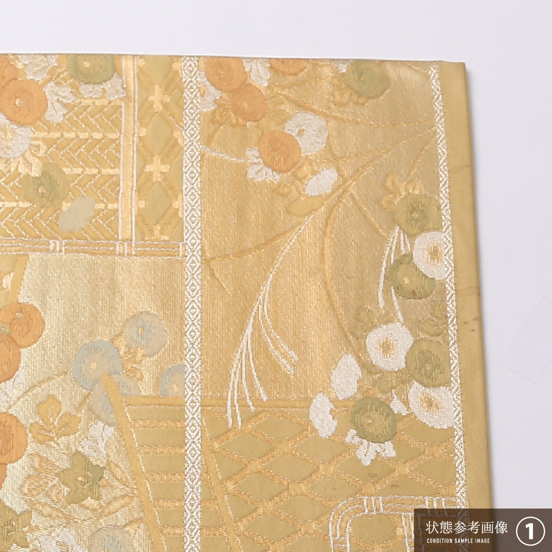 袋帯 帯丈420cm 正絹 六通 フォーマル 琳派 几帳 椿 金系 朱系 1243-01581