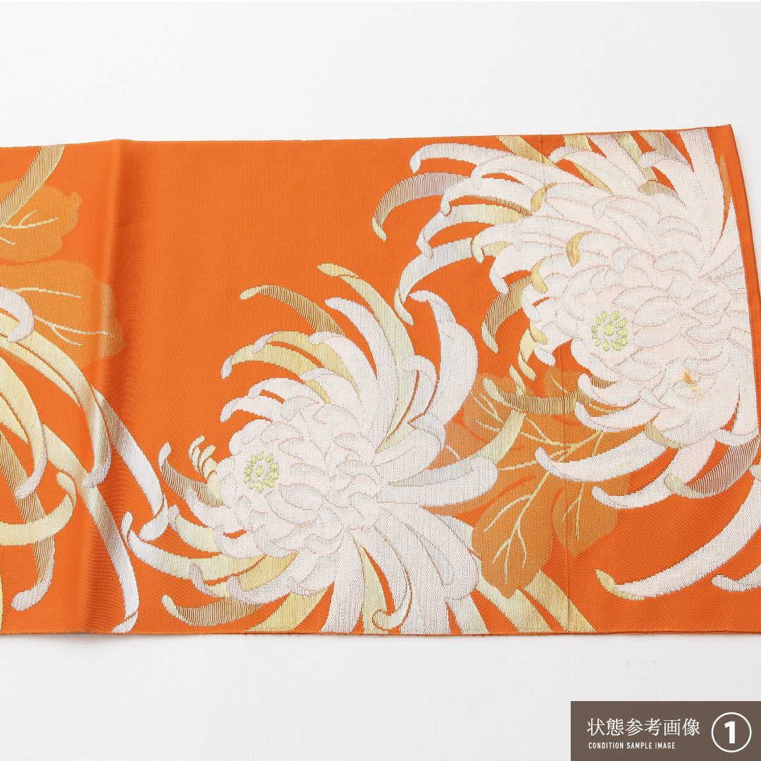 名古屋帯 六通 帯丈360cm セミフォーマル Bランク 正絹 菊 朱系 1224-02139