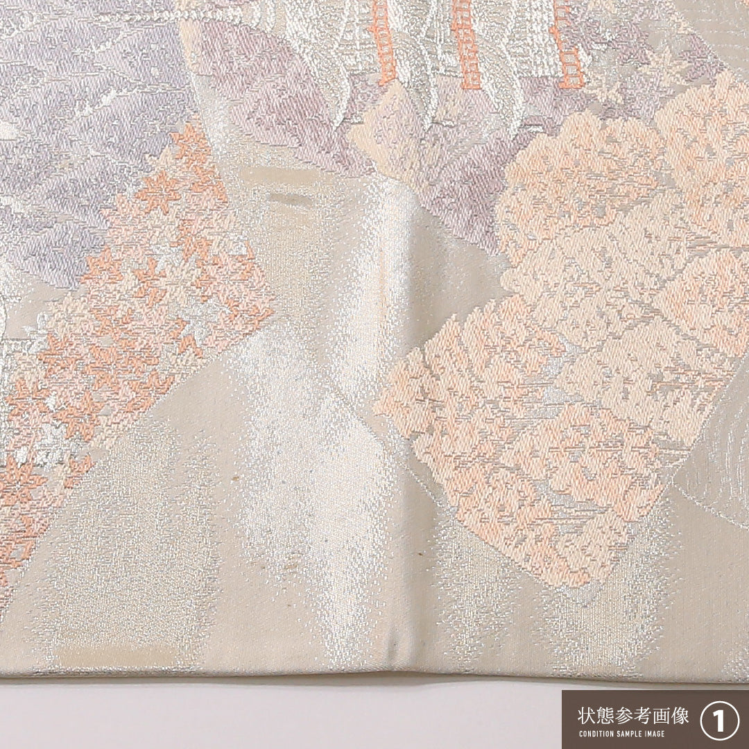 袋帯 帯丈428cm 六通 セミフォーマル Bランク 正絹 京洛百景 古典的 しとやか クリーム系 1223-01643