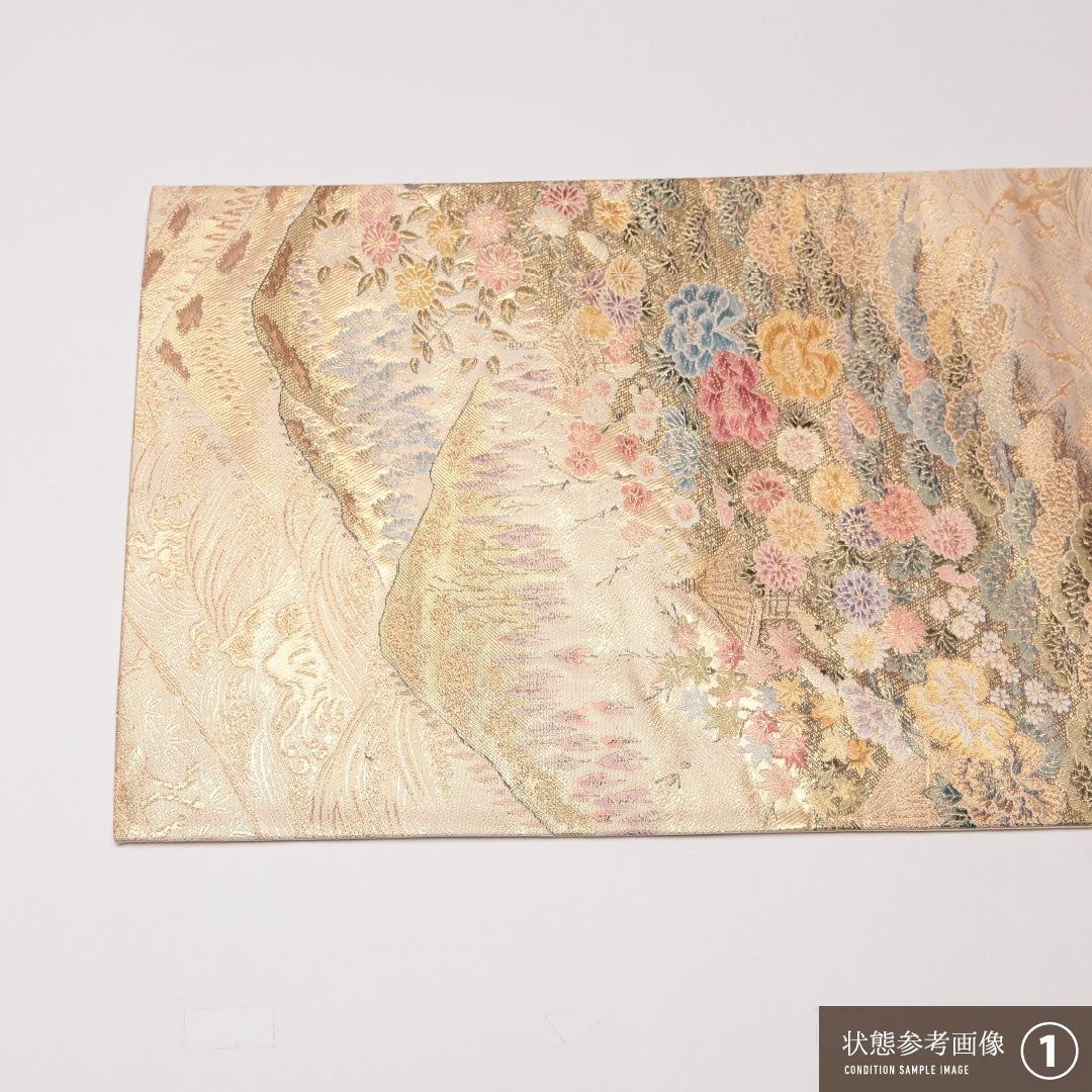 袋帯 帯丈436cm 正絹 六通 フォーマル 寺社 四季山野 金系 1243-01276
