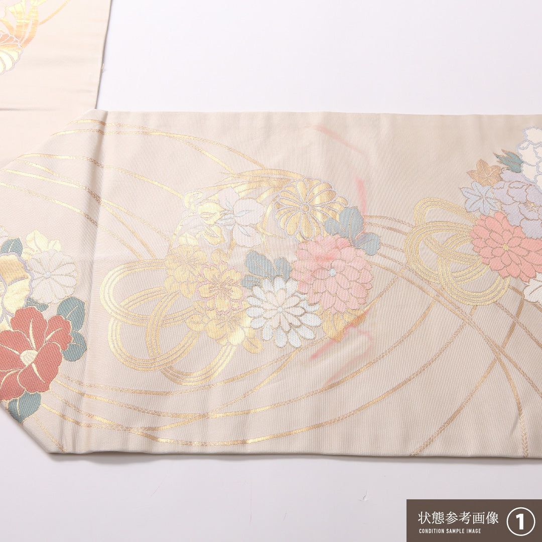 九寸名古屋帯 Bランク 帯丈360cm 正絹 六通 名古屋仕立て 織り セミフォーマル 花籠 クリーム系 RP 1245-02814