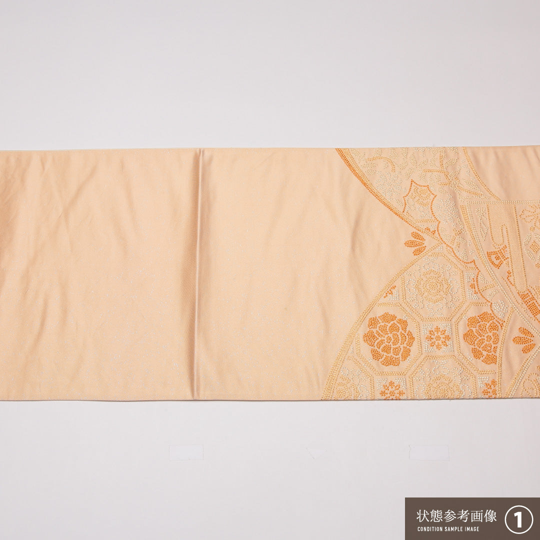 袋帯 帯丈424cm 正絹 ポイント柄 フォーマル 蜀江 宝尽くし 朱系 ピンク系 1243-01301