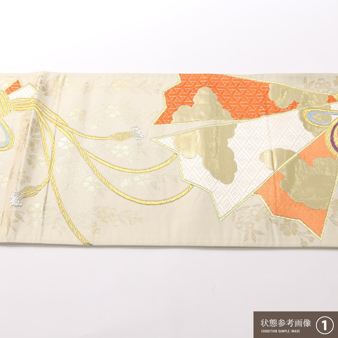 袋帯 帯丈442cm 正絹 六通 フォーマル 熨斗 組紐 クリーム系 金系 1243-01693