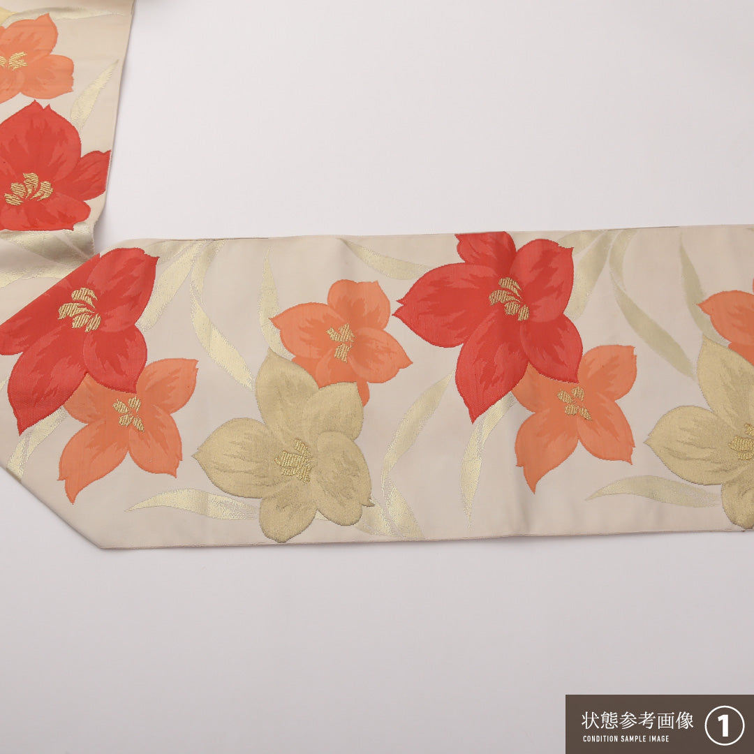 八寸名古屋帯 Aランク 帯丈347cm 正絹 六通 名古屋仕立て 織り インフォーマル 桔梗 クリーム系 RP 1245-02234
