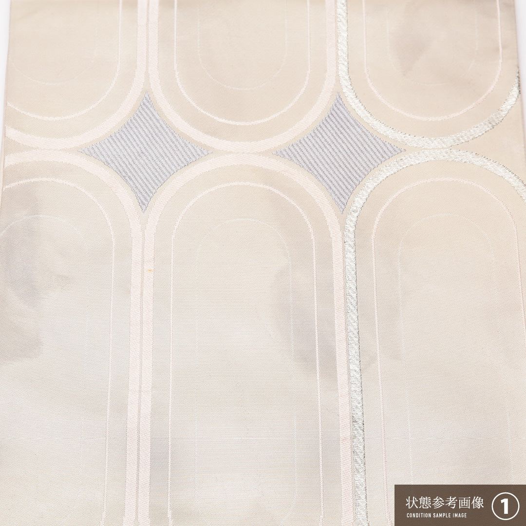 袋帯 帯丈420cm 正絹 六通 セミフォーマル 幾何学柄 白系 1243-01228