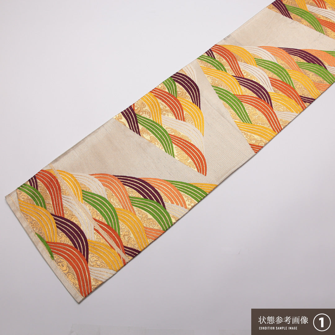 袋帯 帯丈420cm 六通 青海波 フォーマル クリーム系 正絹 Aランク 1223-01334