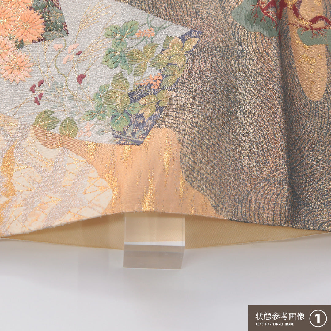 袋帯 帯丈420cm 正絹 全通 帯芯なし リバーシブル フォーマル 浜松 鶴 ベージュ系 1243-02323