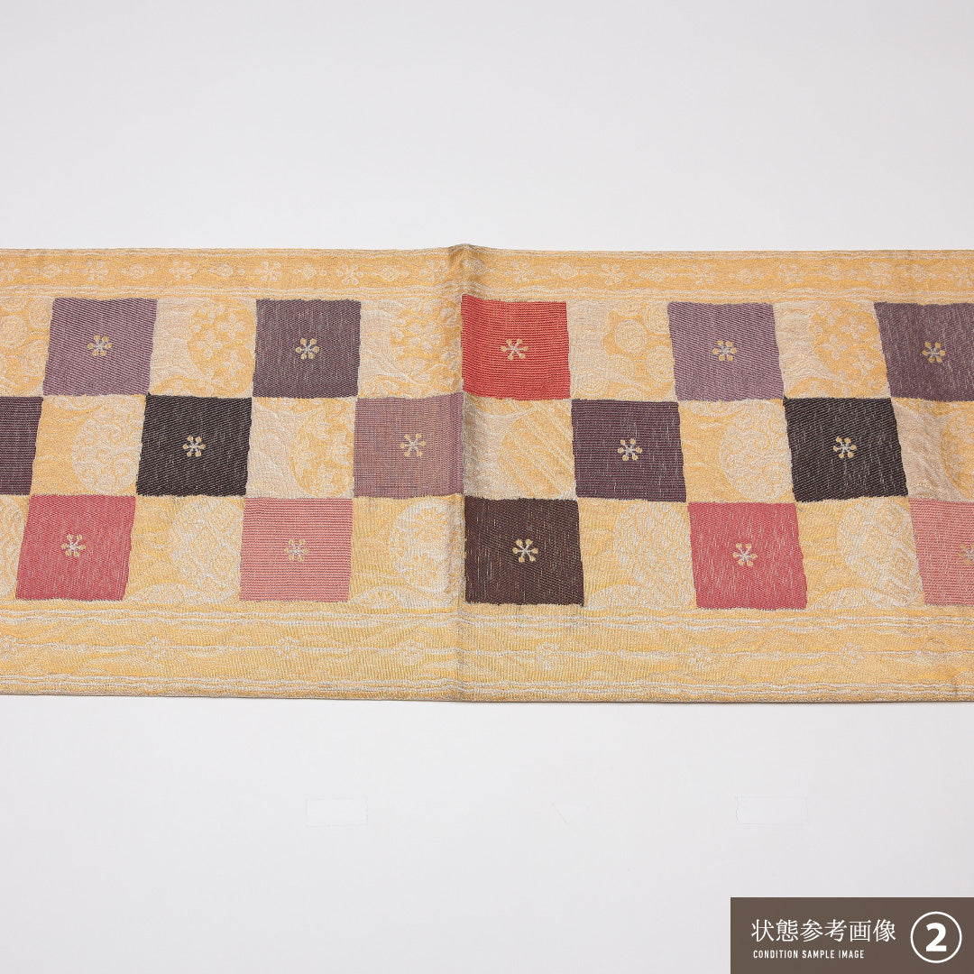 袋帯 帯丈444cm 正絹 六通 セミフォーマル 市松 丸文 金系 1243-01259