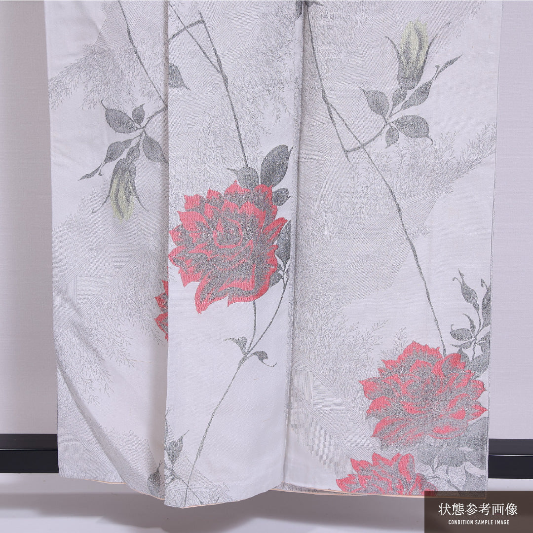 アンティーク 小紋 (お召) 袷 身丈154cm 裄丈64cm 正絹 Cランク バチ衿 Sサイズ 漆糸 薔薇 グレー系 RP 1221-11657