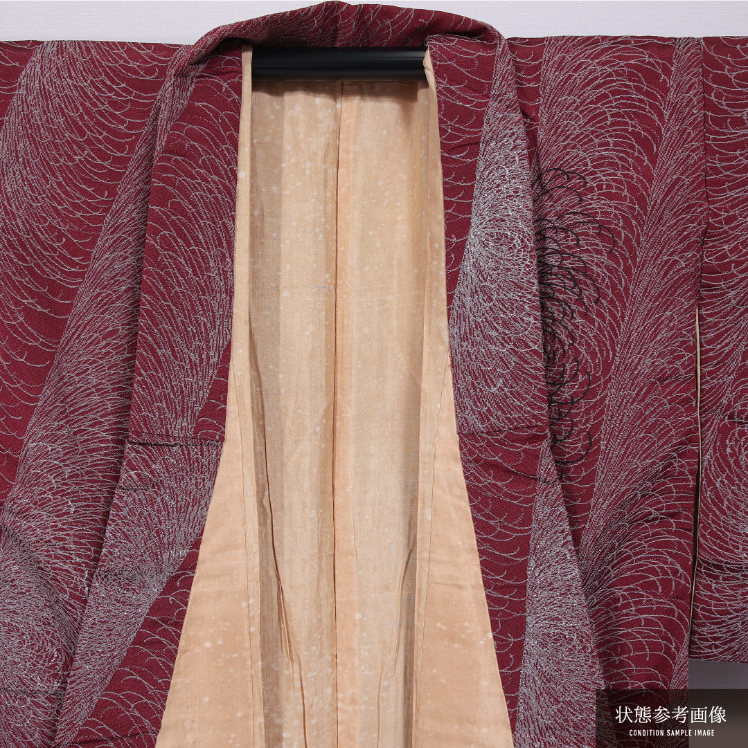 アンティーク お召 袷 身丈145cm 裄丈62cm 正絹 Aランク バチ衿 XSサイズ 菊 赤系 M4 1222-11853