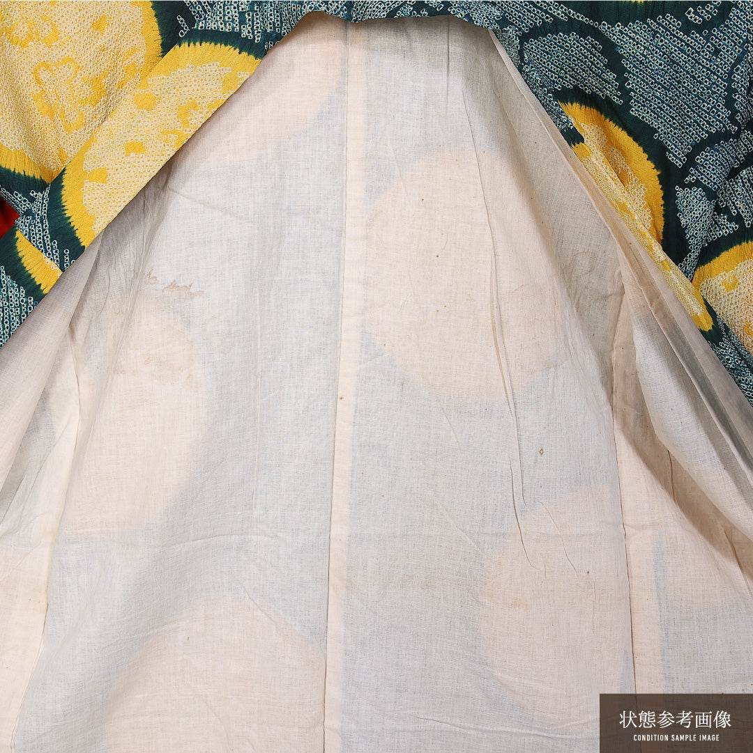 アンティーク 小紋 (総絞り) 袷 身丈150cm 裄丈62cm 正絹 Aランク バチ衿 Sサイズ 唐草 梅 笹 緑系 M4 1221-11105