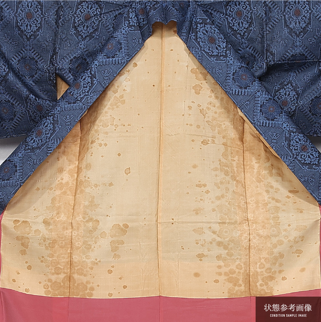 大島紬 袷 身丈161cm 裄丈63cm 正絹 Cランク インフォーマル 広衿 Lサイズ アラベスク文様 紺系 LP 1223-11369