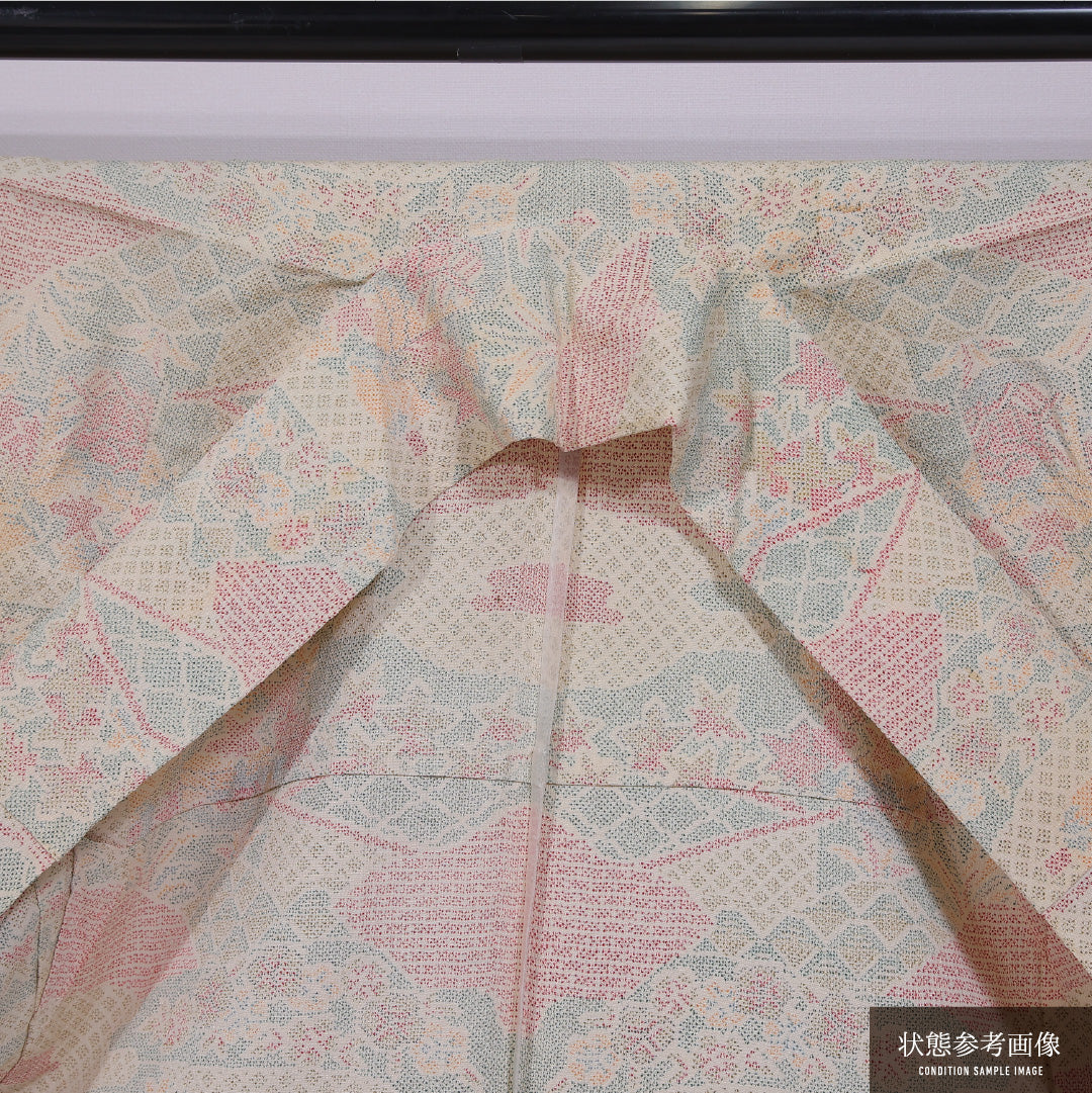 小紋 単衣 身丈155cm 裄丈64cm 正絹 Cランク インフォーマル 広衿 Mサイズ 花園 ベージュ系 LP 1221-11778