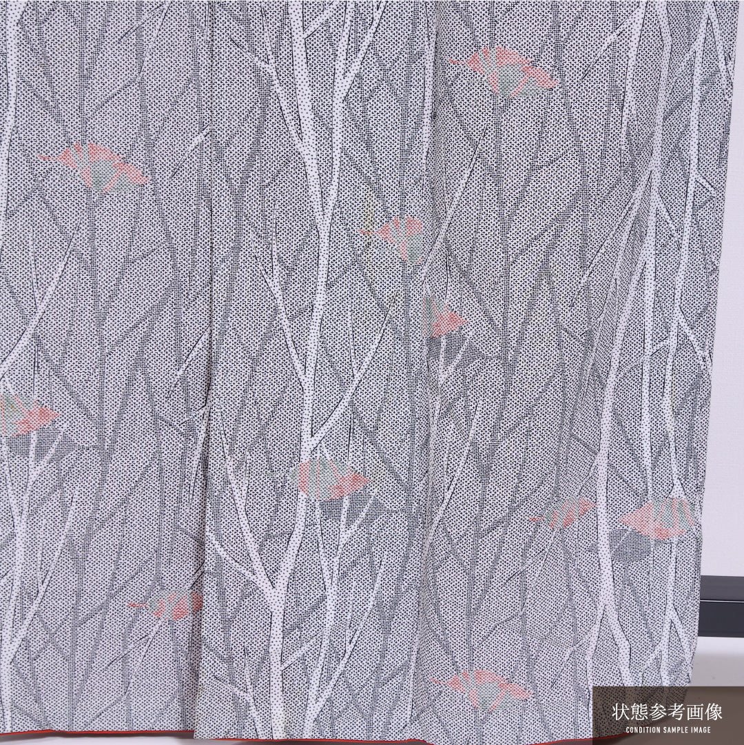 小紋 袷 身丈159cm 裄丈66cm 正絹 Cランク インフォーマル 広衿 Mサイズ 植物柄 グレー系 LP 1221-11750