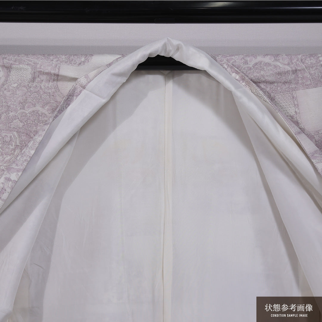 小紋 袷 身丈165cm 裄丈65cm 正絹 Cランク インフォーマル 広衿 XLサイズ 染め紬 更紗 クリーム系 LP 1221-11869