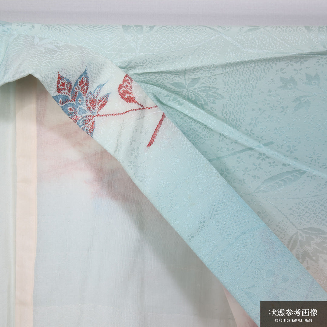 アンティーク お召 袷 身丈150cm 裄丈64cm 正絹 Bランク 広衿 Sサイズ ぼかし染 唐華 水色系 M4 1222-11418
