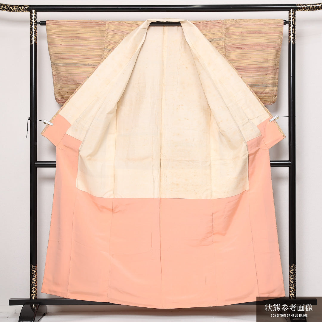 飯田紬 袷 身丈160cm 裄丈65cm 正絹 Aランク インフォーマル 広衿 Lサイズ 創作柄 黄系 RP 1223-13543