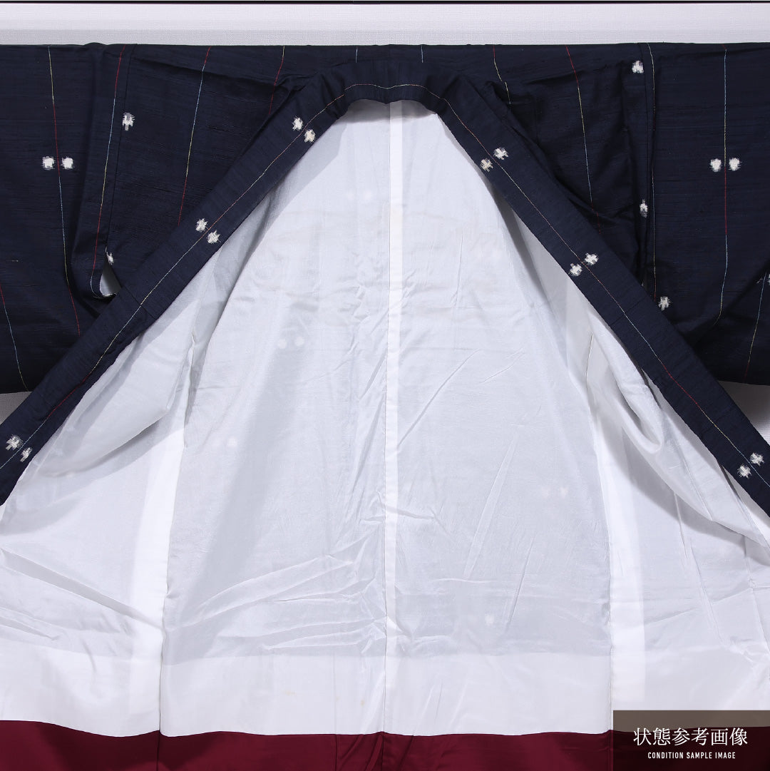 紬 袷 身丈150cm 裄丈63cm 正絹 Cランク カジュアル バチ衿 Sサイズ 創作柄 紺系 LP 1223-11665