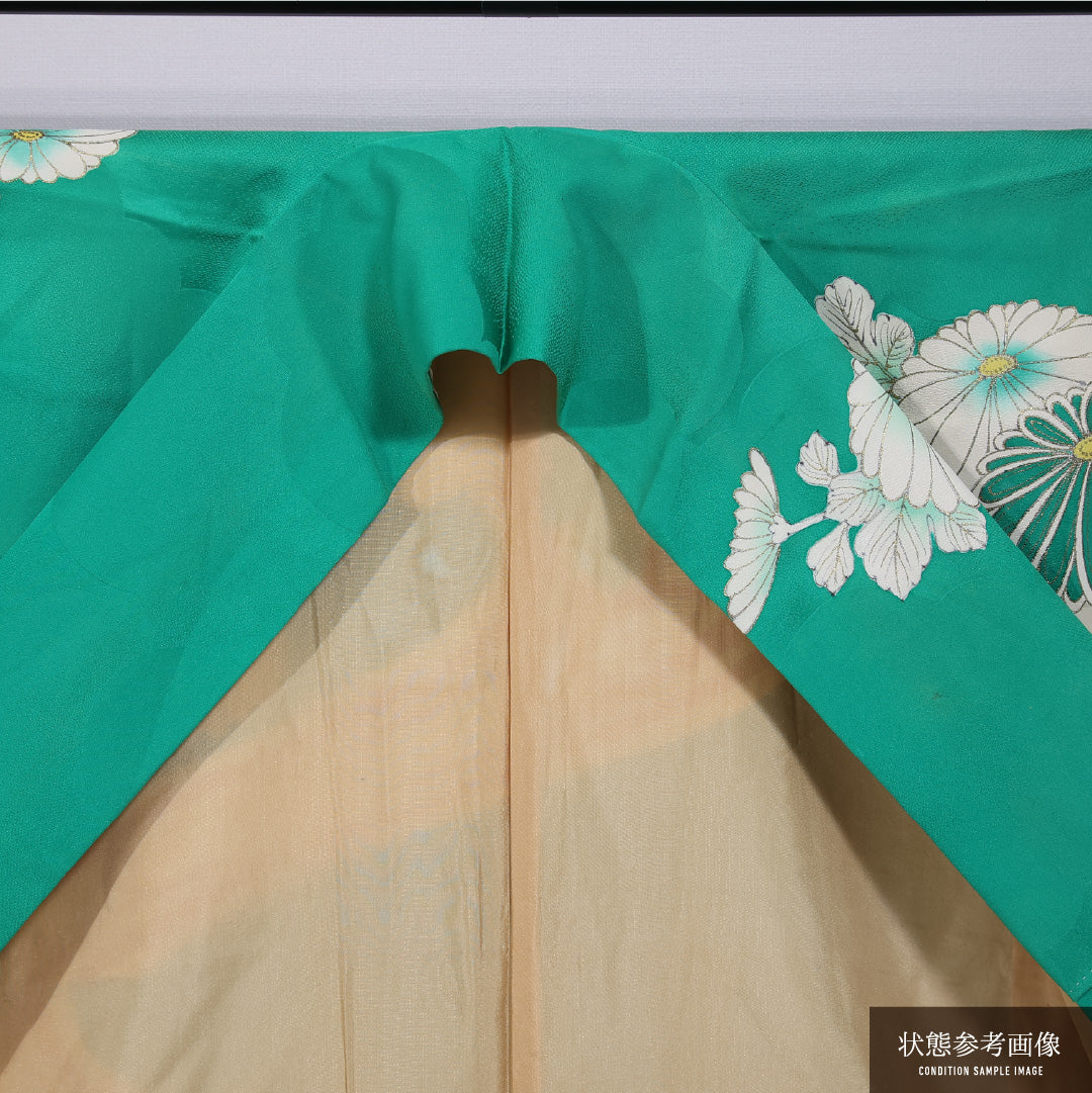 アンティーク 訪問着 袷 身丈162cm 裄丈63cm 正絹 Cランク 一つ紋 (上がり藤に扇子) 広衿 Lサイズ 金駒刺繍 流水 菊 緑系 RP 1217-11687