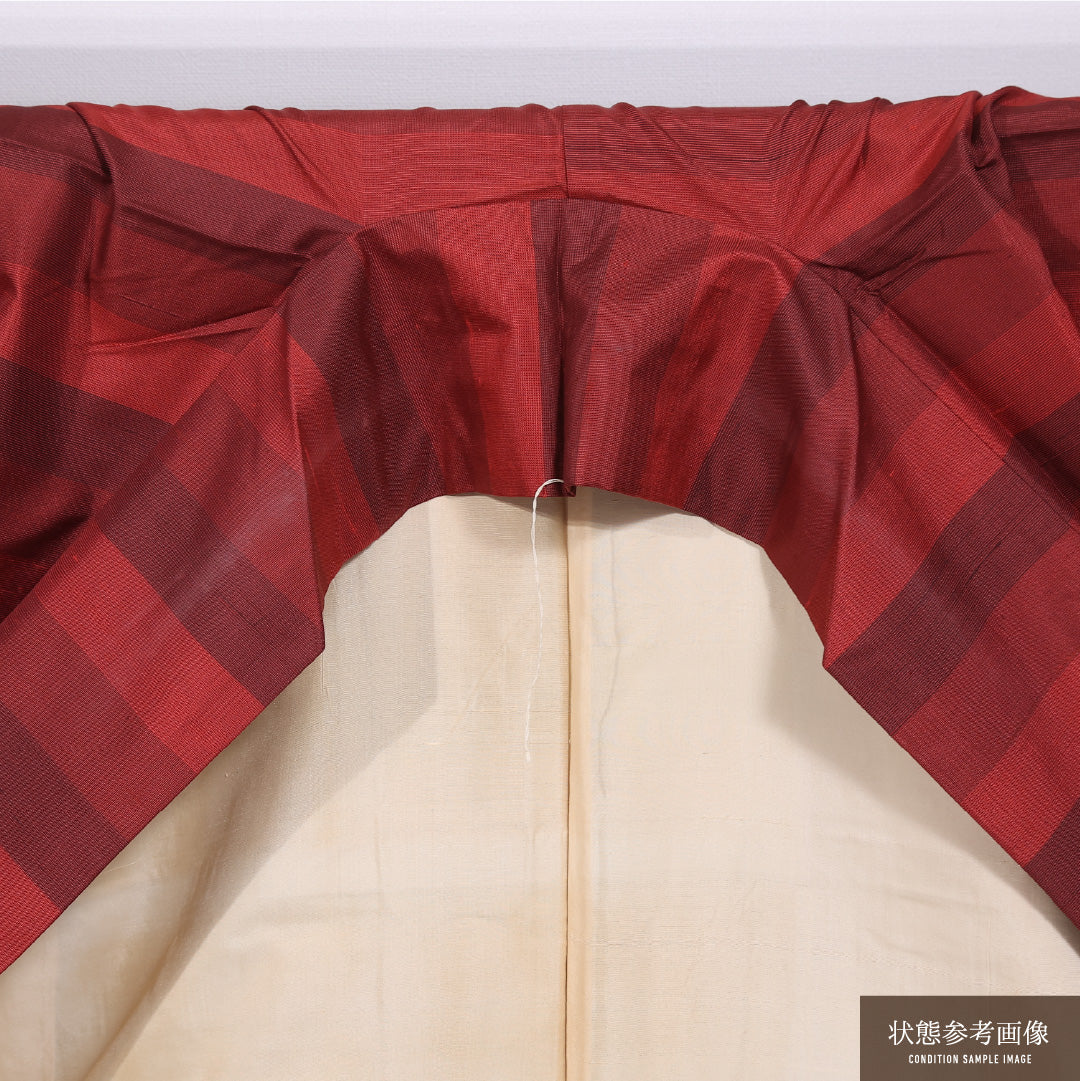 紬 袷 身丈160cm 裄丈66cm 正絹 Cランク カジュアル 広衿 Lサイズ 縞 赤系 HP 1223-11842