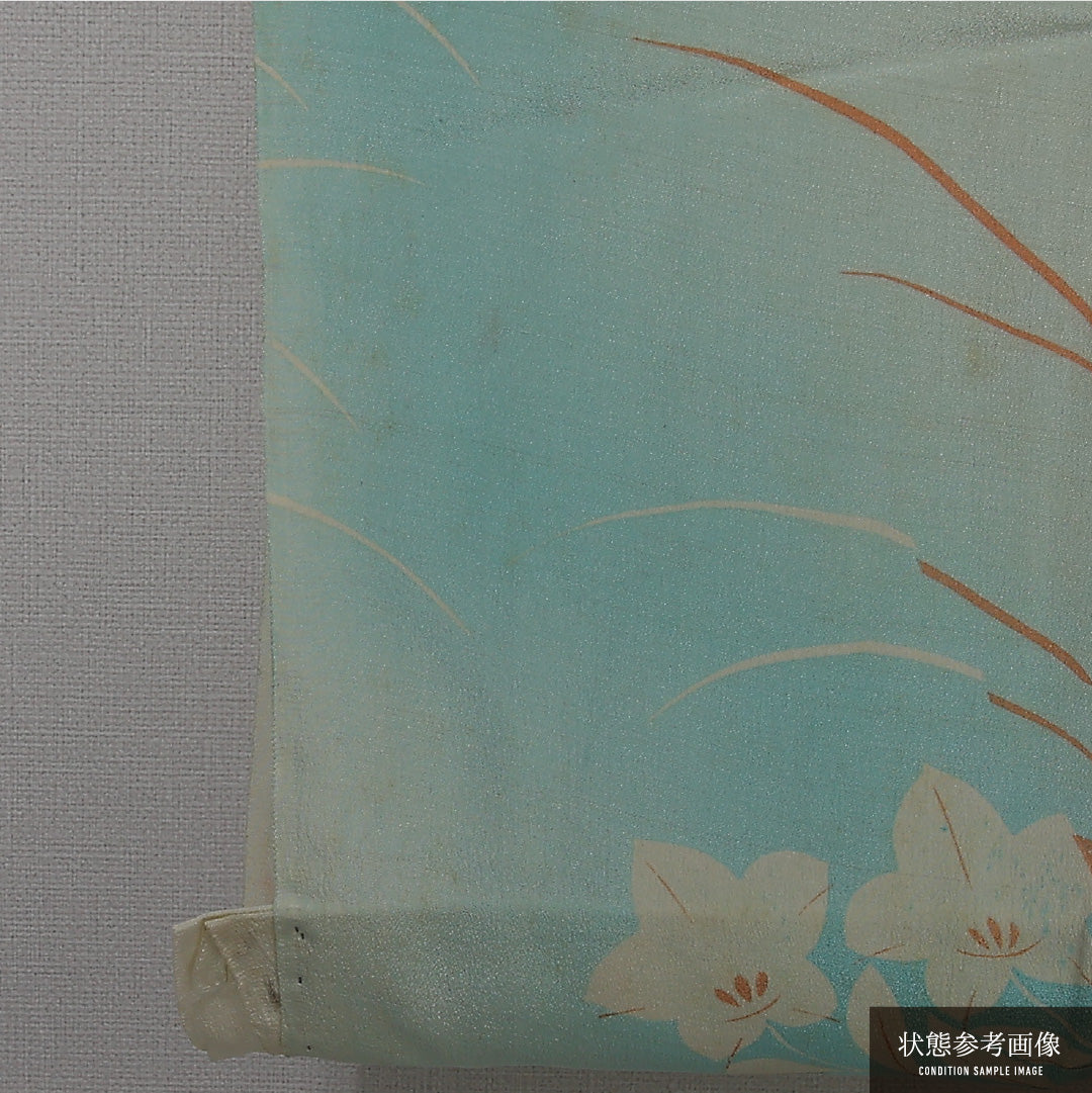 アンティーク 振袖用 長襦袢 無双袖 身丈119cm 裄丈60cm 正絹 Aランク XSサイズ 銀駒刺繍 桔梗 水色系 M4 1240-12678