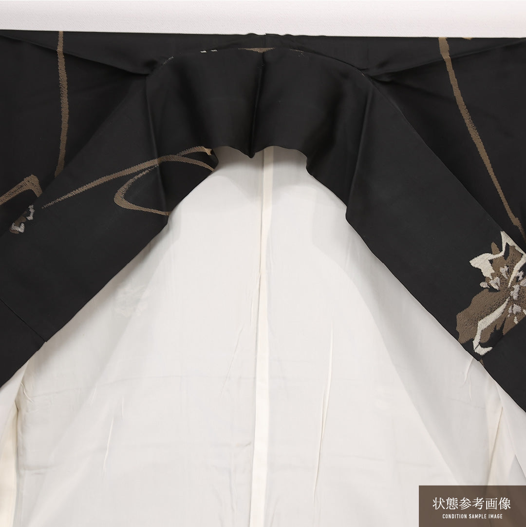 お召 袷 身丈149cm 裄丈62cm 正絹 Dランク インフォーマル 広衿 XSサイズ 花柄 黒系 LP 1222-13284