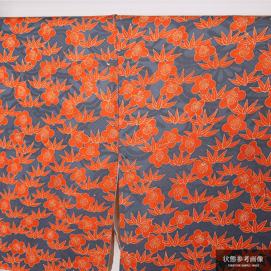 アンティーク 小紋 袷 身丈147cm 裄丈62cm 正絹 Cランク 広衿 XSサイズ 梅 笹 紺系 M4 1221-12477
