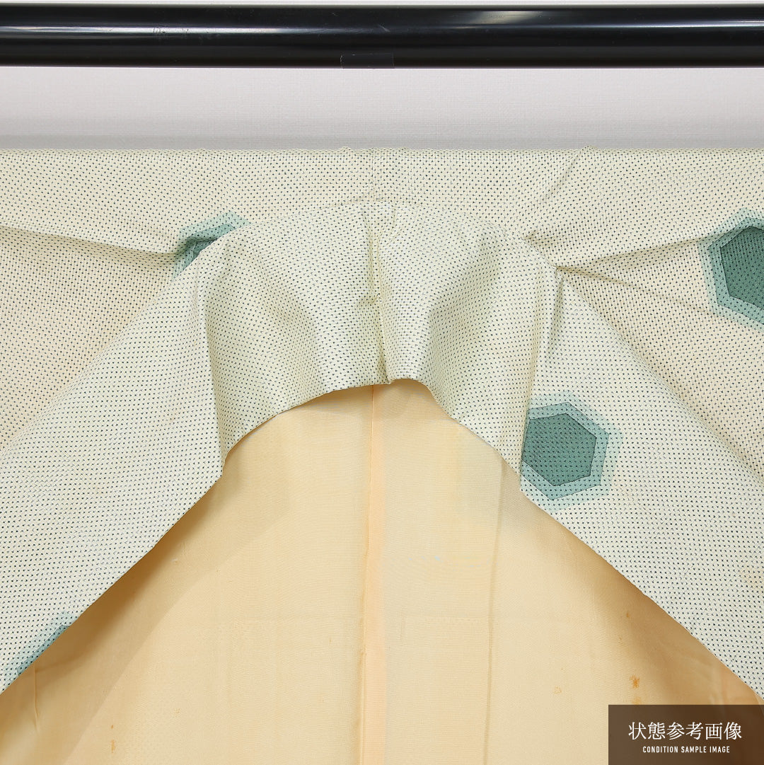 小紋 袷 身丈157cm 裄丈65cm 正絹 Cランク インフォーマル 広衿 Mサイズ 染め紬 亀甲 クリーム系 HP 1221-12016