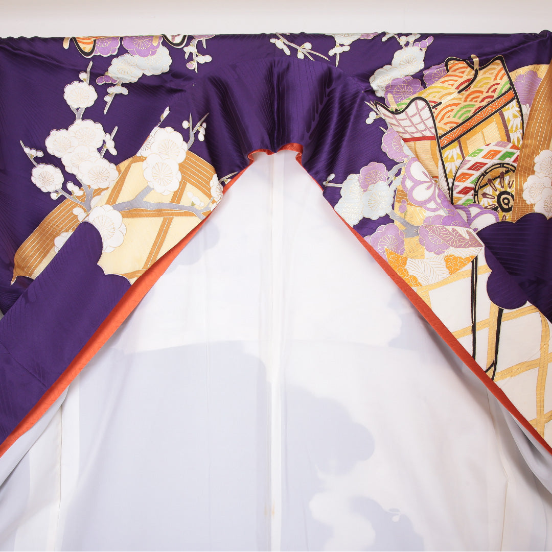 振袖 身丈163cm 裄丈66cm Aランク 袷 正絹 広衿 御所車 吉祥文様 梅 大正ロマン 1213-F0057