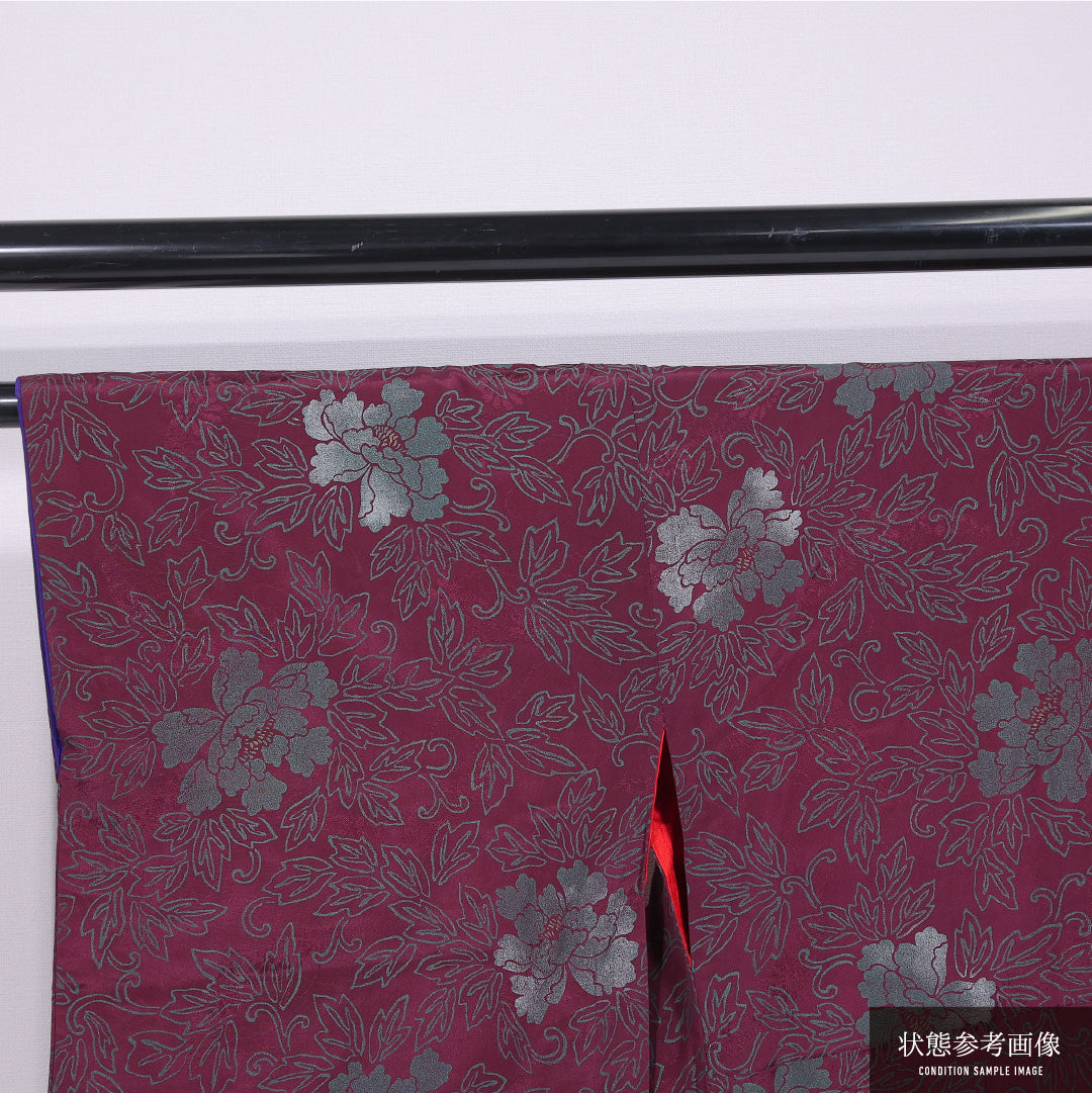 アンティーク 小紋 (紬) 袷 身丈150cm 裄丈66cm 正絹 Dランク バチ衿 Sサイズ 牡丹 紫系 RP 1221-11674