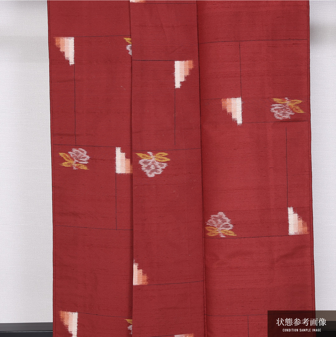 アンティーク 銘仙の着物 袷 身丈160cm 裄丈62cm 正絹 Cランク バチ衿 Lサイズ 花柄 朱系 RP 1223-11318