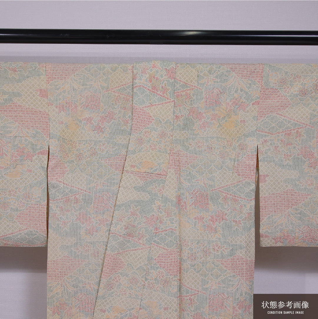 小紋 単衣 身丈155cm 裄丈64cm 正絹 Cランク インフォーマル 広衿 Mサイズ 花園 ベージュ系 LP 1221-11778