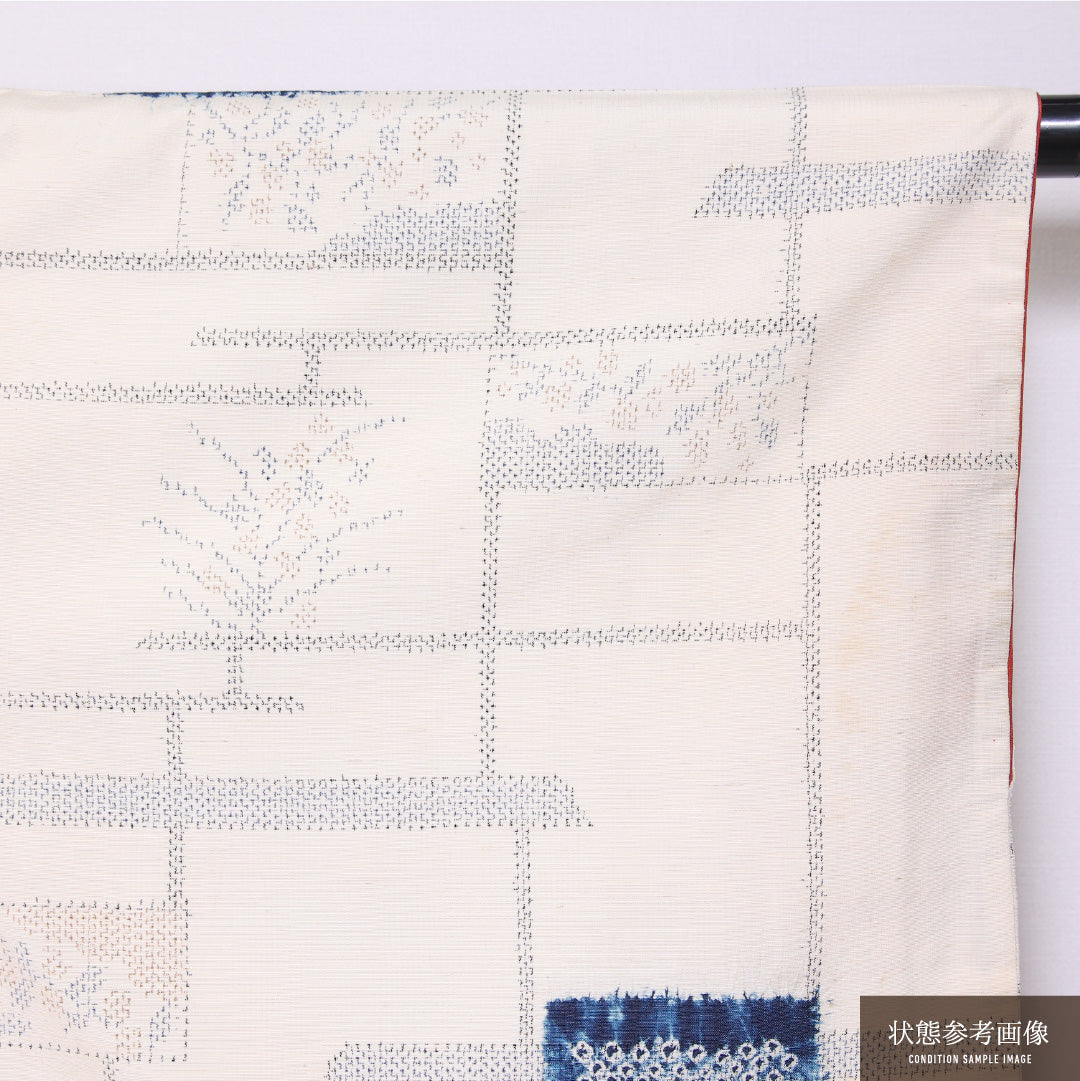 紬 袷 身丈160cm 裄丈67cm 正絹 Cランク カジュアル 広衿 Lサイズ 創作柄 クリーム系 LP 1223-11704