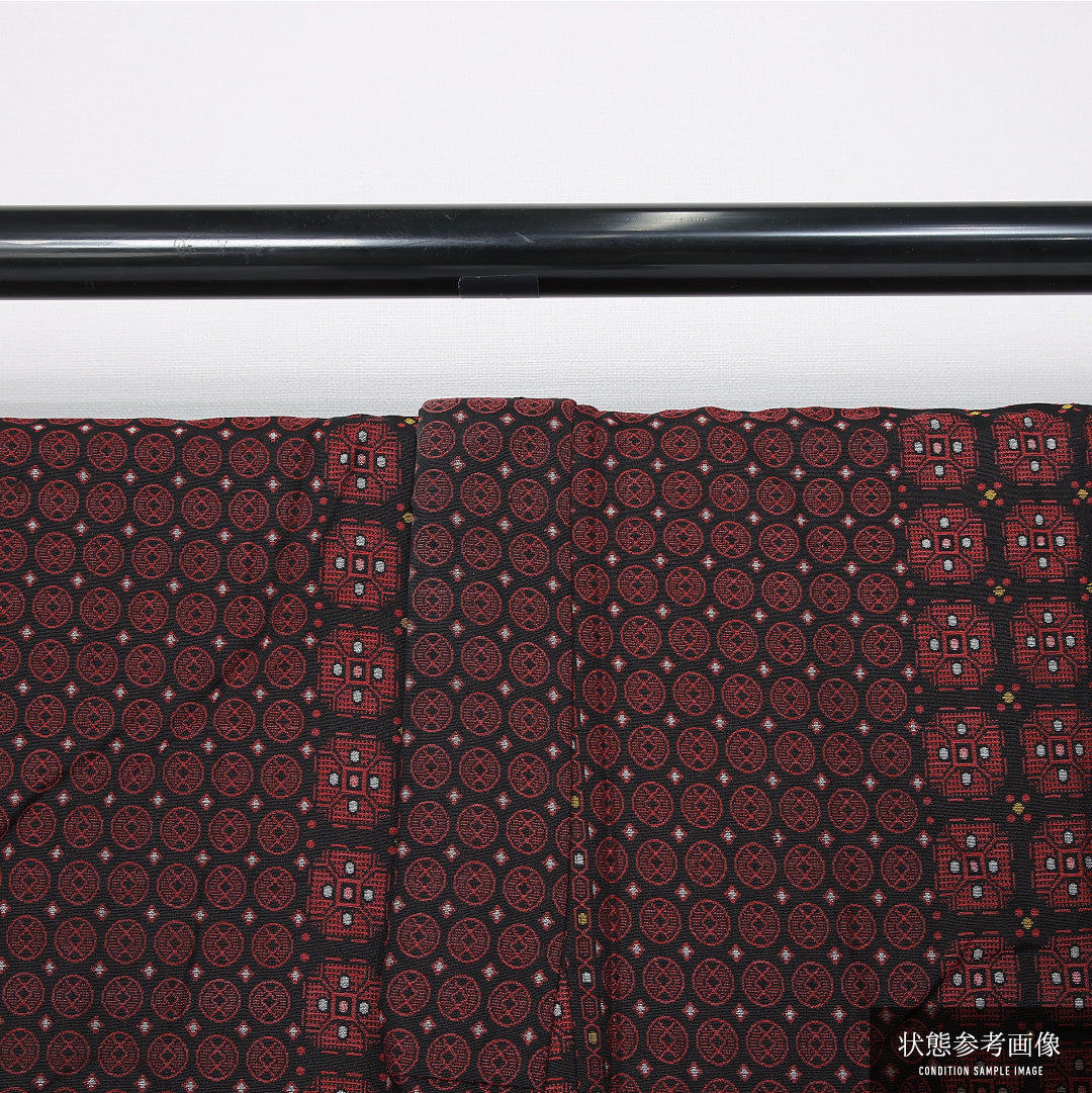 アンティーク お召 袷 身丈154cm 裄丈62cm 正絹 Aランク バチ衿 Sサイズ 蜀江 菱 赤系 M4 1222-11998