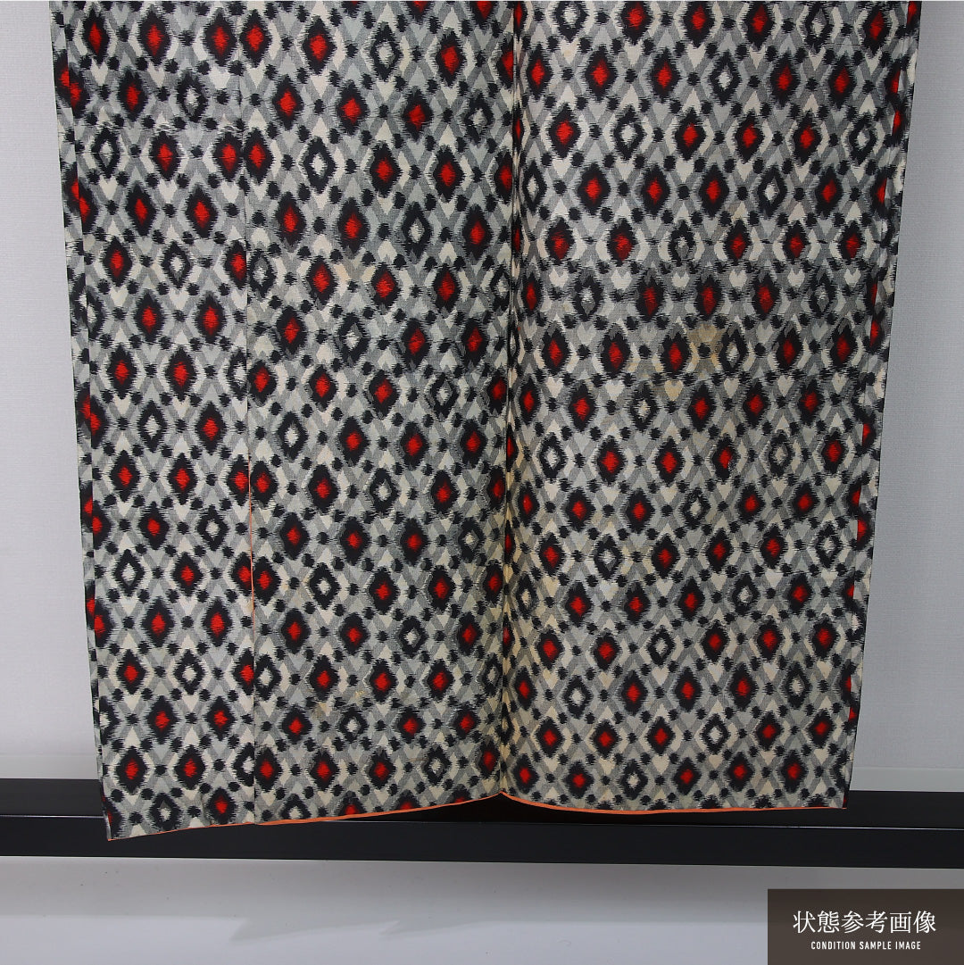 アンティーク 銘仙 身丈150cm 裄丈62cm Cランク S 正絹 袷 広衿 菱 グレー系 1216-12368