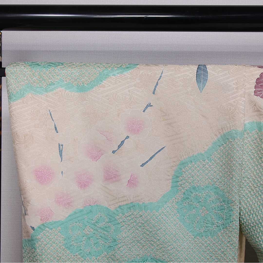 振袖 身丈166cm 裄丈67.5cm 袷 正絹 Cランク 広衿 絞り 牡丹 桔梗 菊 1213-F0398