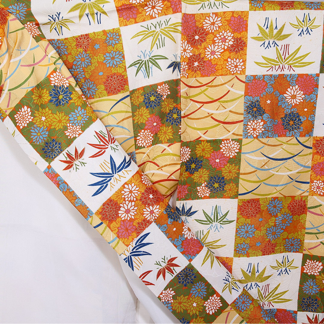 振袖 身丈158cm 裄丈63.5cm 袷 正絹 Bランク 広衿 市松模様 芝草 竹 菊 1213-F0396