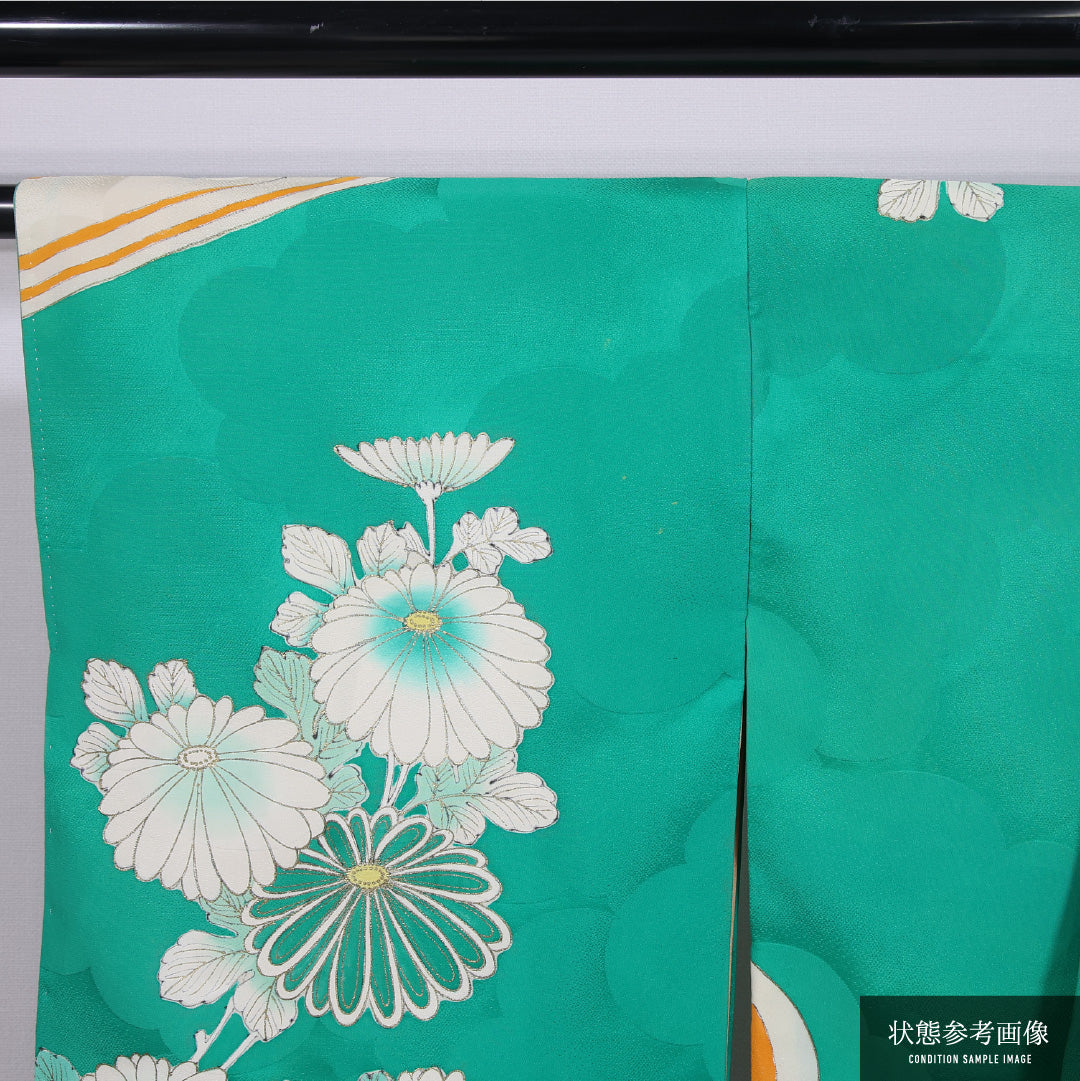 アンティーク 訪問着 袷 身丈162cm 裄丈63cm 正絹 Cランク 一つ紋 (上がり藤に扇子) 広衿 Lサイズ 金駒刺繍 流水 菊 緑系 RP 1217-11687