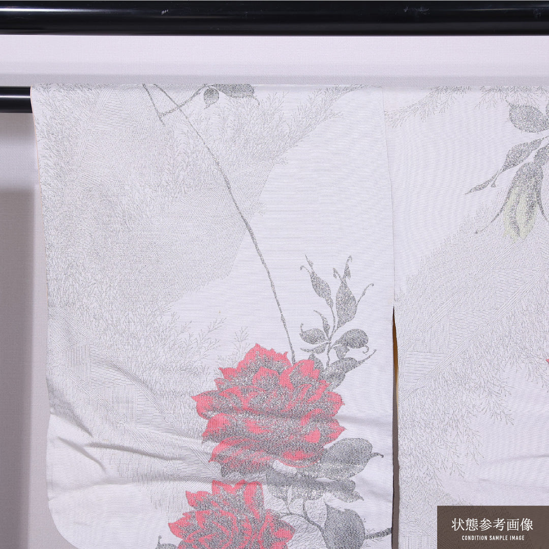 アンティーク 小紋 (お召) 袷 身丈154cm 裄丈64cm 正絹 Cランク バチ衿 Sサイズ 漆糸 薔薇 グレー系 RP 1221-11657