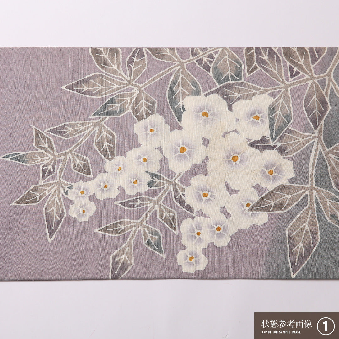 袋帯(紬) 帯丈462cm 正絹 ポイント柄 染め帯 インフォーマル 花柄 紫系 緑系 1243-01556