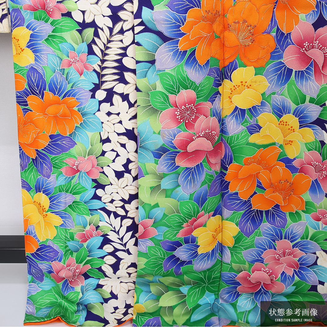 振袖 身丈166cm 裄丈67.5cm Cランク 袷 正絹 XS 広衿 モダン 花柄 ボタニカル 青系 1213-F0447