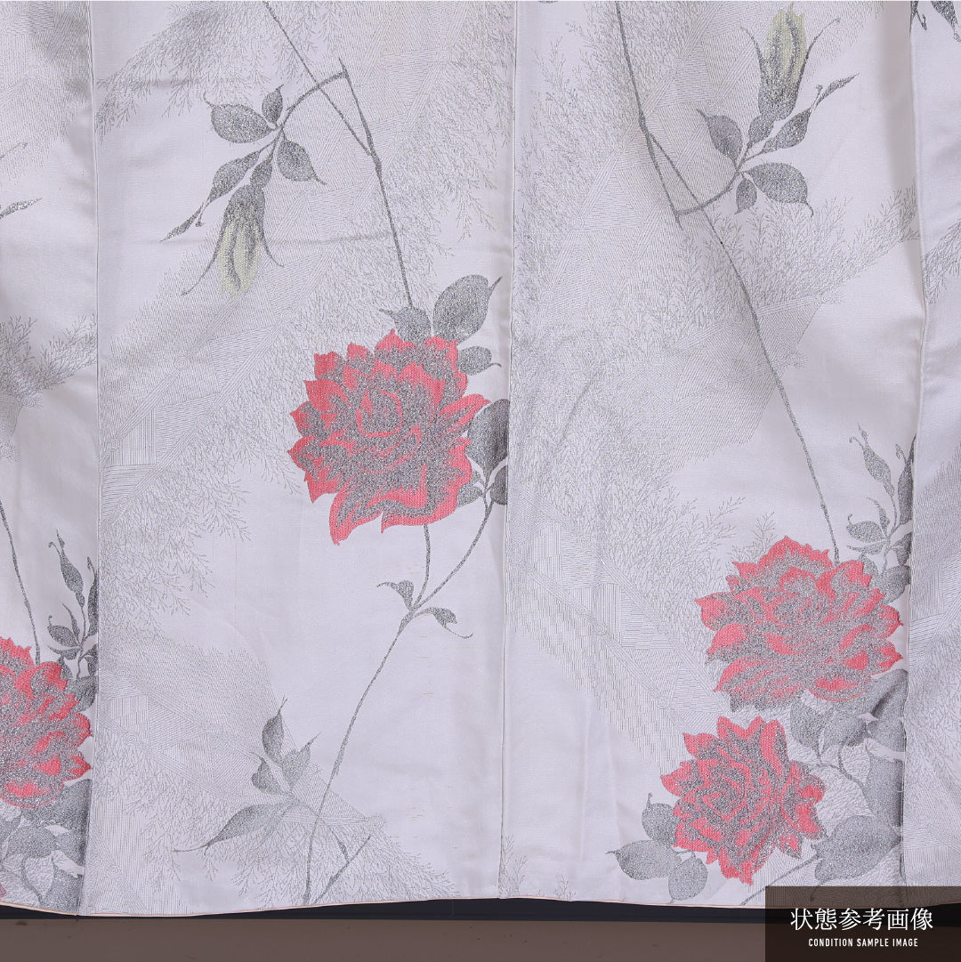アンティーク 小紋 (お召) 袷 身丈154cm 裄丈64cm 正絹 Cランク バチ衿 Sサイズ 漆糸 薔薇 グレー系 RP 1221-11657